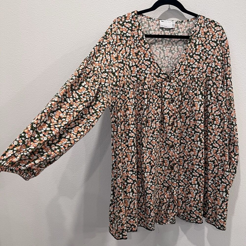 ASOS Curve Floral Babydoll Long Sleeve Black Floral Tunic Top Us 16 Boho Cottage